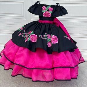 Floral Pink and Black Kids Dress